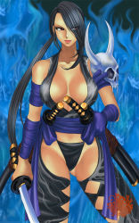 Rule 34 | 1girl, black hair, breasts, cleavage, hair over one eye, large breasts, long hair, namco, ponytail, red eyes, shura (soulcalibur), skull, solo, soul calibur, soulcalibur, soulcalibur iv, standing, sword, very long hair, weapon, xuexue yue hua