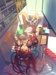 Rule 34 | 1girl, barefoot, bat wings, cable, controller, couch, famitsu, game console, game controller, gamepad, hand to own mouth, headphones, highres, legs, long hair, looking at viewer, lying, no panties, playing games, red eyes, red hair, shirt, solo, striped clothes, striped shirt, super famicom, television, upside-down, video game, vofan, wii, window blinds, window shadow, wings, xbox, xbox 360