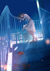 Rule 34 | 1girl, absurdres, barefoot, black hair, building, city, commentary request, dress, feet, full body, hair ornament, hairclip, high heels, highres, lens flare, long hair, looking at viewer, looking to the side, macaronk, night, original, outdoors, railing, revision, shoes, unworn shoes, solo, stairs, standing, tears, white dress