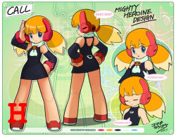 Rule 34 | 1girl, blonde hair, blue eyes, blush stickers, call (mighty no. 9), call h, colorized, concept art, detached sleeves, hand on own hip, hands on own hips, joints, komaki shinsuke, mighty no. 9, multicolored hair, robot, robot ears, robot joints, scarf, twintails, two-tone hair