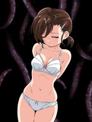 Rule 34 | 1girl, arms behind back, bow, bow bra, bow panties, bra, breasts, brown hair, closed mouth, collarbone, commentary request, cowboy shot, dutch angle, closed eyes, facing viewer, gegege no kitarou, hair ornament, hairclip, head tilt, inferno (nanbu14), inuyama mana, lace, lace-trimmed bra, lace trim, lips, medium breasts, navel, panties, short hair, short ponytail, skindentation, solo, tentacles, thighs, underwear, white bra, white panties