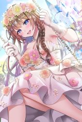 Rule 34 | 1girl, abe hikaru, armpit crease, bad id, bad pixiv id, bare shoulders, blue eyes, blush, braid, breasts, brown hair, castle, chain, cleavage, dress, dutch angle, earrings, feet out of frame, flower, gloves, hair flower, hair ornament, hikaru (gevp7588), jewelry, lens flare, long hair, looking at viewer, medium breasts, necklace, open mouth, original, outdoors, sidelocks, sitting, skirt, sky, smile, solo, strapless, strapless dress, swing, very long hair, voice actor, wedding, wedding dress, white dress, white gloves
