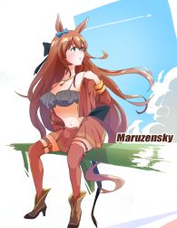 Rule 34 | 1girl, aircraft, airplane, animal ears, black bow, blue bow, blush, bow, bra, breasts, brown hair, character name, chokueji, cleavage, cloud, commentary, contrail, ear bow, english commentary, green eyes, hair between eyes, high heels, highres, horse ears, horse girl, horse tail, jewelry, large breasts, long hair, long sleeves, maruzensky (blasting off summer night) (umamusume), maruzensky (umamusume), navel, on railing, open mouth, pendant, railing, sitting, skirt, solo, tail, thighhighs, umamusume, underwear, undressing