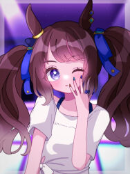 Rule 34 | 1girl, animal ears, blue nails, blush, commentary request, ear ornament, horse ears, horse girl, jewelry, long hair, looking at viewer, multicolored nails, one eye closed, orange nails, parted lips, purple eyes, ring, shirt, short sleeves, solo, stage, tied shirt, tosen jordan (umamusume), twintails, tyamu mu, umamusume, upper body, white shirt
