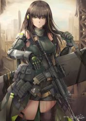 Rule 34 | 1girl, arm strap, armor, armpits, assault rifle, asymmetrical legwear, bandana, brown eyes, brown hair, case, closed mouth, clothes around waist, collarbone, cowboy shot, detached sleeves, elbow pads, gauntlets, girls&#039; frontline, gloves, gun, hair between eyes, hand in own hair, headset, highres, hiroki ree, holding, holding gun, holding strap, holding weapon, jacket, jacket around waist, long hair, looking at viewer, m4 carbine, m4a1 (girls&#039; frontline), m4a1 (mod3) (girls&#039; frontline), magazine (weapon), mod3 (girls&#039; frontline), multicolored hair, pouch, ribbed legwear, ribbed sweater, rifle, scope, sidelocks, signature, simple background, single thighhigh, skindentation, solo, strap, streaked hair, sweater, sweater vest, thigh strap, thighhighs, thighs, uneven legwear, weapon, weapon case, white background, wind, wind lift