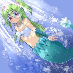 Rule 34 | 1girl, bubble, fins, fish tail, green hair, jewelry, long hair, mermaid, midriff, mofun, monster girl, muromi-san, namiuchigiwa no muromi-san, necklace, red eyes, scales, seashell, shell, solo, tail, twintails, two side up
