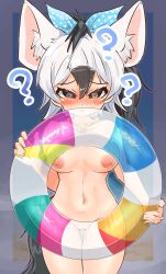 Rule 34 | 1girl, ?, @ @, aardwolf (kemono friends), absurdres, animal ear fluff, animal ears, beach, black eyes, black hair, blush, border, bow, breasts, cleft of venus, collarbone, confused, cowboy shot, day, embarrassed, extra ears, eyelashes, furrowed brow, grey hair, groin, hair between eyes, hair bow, hands up, high ponytail, highres, holding, holding swim ring, innertube, jewelry, kemono friends, long hair, looking at viewer, medium breasts, multicolored hair, navel, necklace, nipples, nose blush, nude, outdoors, outside border, parted lips, polka dot, polka dot bow, pussy, sand, shell, shell necklace, solo, stomach, swim ring, tail, white border, white hair, wonderful waon