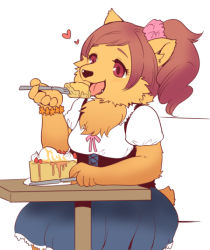 Rule 34 | 1girl, brown eyes, brown hair, cake, dog, eating, female focus, food, furry, furry female, partially colored, ponytail, skirt, solo, toraneko (38), white background