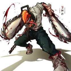 Rule 34 | 1boy, blood, blood spray, bloody weapon, chainsaw, chainsaw man, denji (chainsaw man), facing to the side, facing viewer, iseekim, sharp teeth, simple background, solo, teeth, tongue, tongue out, weapon, white background