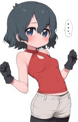 Rule 34 | 1girl, adapted costume, bare shoulders, black gloves, black hair, black pantyhose, blue eyes, blush, commentary request, cowboy shot, gloves, grey shorts, highres, kaban (kemono friends), kemono friends, no headwear, pantyhose, pantyhose under shorts, ransusan, red shirt, shirt, short hair, short shorts, shorts, sleeveless, tight clothes, tight shirt