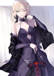 Rule 34 | 1girl, artoria pendragon (all), artoria pendragon (fate), bare shoulders, braid, breasts, choker, cleavage, commentary request, dark persona, detached sleeves, dutch angle, excalibur morgan (fate), fate/grand order, fate/stay night, fate (series), french braid, gothic lolita, halterneck, highres, lolita fashion, pale skin, pttyr, saber alter, shawl, small breasts, solo, yellow eyes