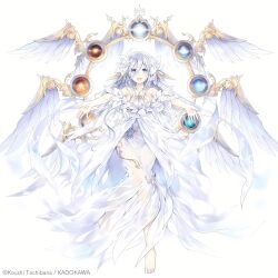 Rule 34 | date a live, dress, flower, highres, long hair, looking at viewer, non-web source, open mouth, outstretched arms, see-through, see-through dress, smile, solo, spread arms, takamiya mio, tsunako, white dress, white hair, wings