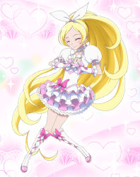 Rule 34 | 10s, 1girl, abe masaki, bad id, bad pixiv id, blonde hair, boots, bow, brooch, choker, cure rhythm, dress, earrings, closed eyes, frills, hair ribbon, heart, jewelry, knee boots, long hair, magical girl, minamino kanade, own hands clasped, own hands together, pink background, precure, ribbon, smile, solo, suite precure, white choker