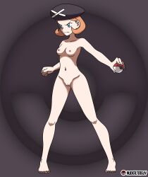 Rule 34 | 1girl, absurdres, angry, armpits, arms at sides, artist name, barefoot, beret, black headwear, blue eyes, breasts, brown background, cleft of venus, clenched hands, collarbone, completely nude, creatures (company), feet, female focus, fingernails, full body, game freak, groin, hand up, hat, highres, holding, holding poke ball, legs, looking to the side, medium hair, navel, neck, nilterguy, nintendo, nipples, nude, nude filter, official art nude filter, orange hair, parted bangs, pigeon-toed, poke ball, poke ball symbol, pokemon, pokemon bw2, pussy, sidelocks, small breasts, standing, team plasma, team plasma grunt, thighs, third-party edit, tiptoes, toenails, toes, unworn clothes, v-shaped eyebrows