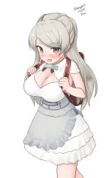 Rule 34 | 1girl, absurdres, armpit cutout, backpack, bag, blush, breasts, brown eyes, cleavage, cleavage cutout, clothing cutout, conte di cavour (kancolle), conte di cavour nuovo (kancolle), corset, dress, frilled dress, frills, gloves, grey dress, grey hair, highres, kantai collection, large breasts, layered dress, long hair, long sleeves, looking at viewer, maru (marg0613), open mouth, randoseru, solo, two-tone dress, two side up, white dress, white gloves