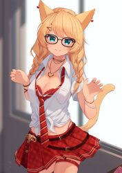Rule 34 | 1girl, absurdres, animal ears, backlighting, black-framed eyewear, black panties, blonde hair, blue eyes, blurry, blurry background, bra, braid, breasts, cat ears, cat girl, cat tail, cleavage, closed mouth, collared shirt, commentary request, commission, day, depth of field, diagonal-striped clothes, diagonal-striped necktie, dress shirt, ear piercing, final fantasy, final fantasy xiv, glasses, hair ornament, hairclip, hands up, heart, highleg, highleg panties, highres, hinata (user rjkt4745), indoors, kaiyoko star, long hair, low twintails, medium breasts, miqo&#039;te, mole, mole under eye, nail polish, necktie, panties, piercing, plaid, plaid skirt, pleated skirt, red bra, red nails, red necktie, red skirt, school uniform, shirt, short sleeves, skeb commission, skirt, smile, solo, striped clothes, sunlight, tail, tied shirt, twin braids, twintails, underwear, warrior of light (ff14), white shirt, window