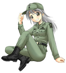 Rule 34 | 1girl, 82 airborne, adjusting clothes, adjusting headwear, boots, brown eyes, combat boots, ebifly, full body, hat, long hair, long sleeves, looking at viewer, military, military hat, military uniform, original, paratrooper, silver hair, simple background, sitting, solo, uniform, united states army, white background