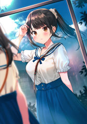 Rule 34 | 1girl, adjusting hair, blue ribbon, blue skirt, blunt bangs, blurry, blurry foreground, blush, brown eyes, brown hair, closed mouth, cloud, collared shirt, commentary request, depth of field, highres, long hair, long skirt, looking at viewer, neck ribbon, nishizawa, original, ponytail, reflection, revision, ribbon, scrunchie, shirt, short sleeves, skirt, sky, solo, standing, tree, white shirt, window