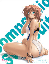 Rule 34 | 1girl, ass, barefoot, breasts, brown hair, competition swimsuit, dated, goggles, green eyes, high cut kingdom, highleg, highleg swimsuit, nipples, nyanko batake, one-piece swimsuit, original, see-through, short hair, sideboob, sitting, solo, swimsuit, unworn goggles, watermark, web address