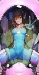 Rule 34 | 1girl, arm behind head, bodysuit, breasts, brown eyes, brown hair, blowing bubbles, chewing gum, cockpit, covered navel, d.va (overwatch), facial mark, foreshortening, from outside, gloves, gluteal fold, head tilt, headset, highres, kim eb, long hair, looking at viewer, overwatch, overwatch 1, sitting, solo, spread legs, v, whisker markings, white gloves