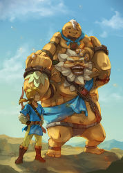 Rule 34 | 3boys, beard, belt, blonde hair, blue eyes, blue shirt, blue sky, boots, bow (weapon), brown belt, brown footwear, commentary request, daruk, day, facial hair, goron, highres, holding person, link, long hair, looking at another, male focus, multiple boys, nintendo, outdoors, pointy ears, ponytail, pxl (pxltw), shirt, sky, smile, standing, the legend of zelda, the legend of zelda: breath of the wild, weapon, white hair