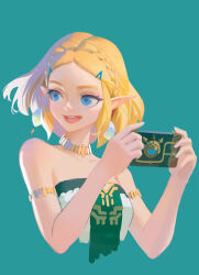 Rule 34 | 1girl, absurdres, aqua background, armlet, blonde hair, blue eyes, braid, crown braid, earrings, ga is, hair ornament, hairclip, handheld game console, highres, jewelry, medium hair, necklace, nintendo, open mouth, pointy ears, princess zelda, simple background, smile, solo, strapless, the legend of zelda, the legend of zelda: tears of the kingdom, video game
