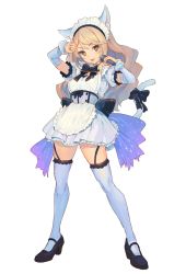 Rule 34 | 1girl, :p, animal ears, apron, blonde hair, bow, cat ears, dress, fujisaki (graphic loops), full body, garter straps, haruhara mii, headdress, highres, holding, legs apart, long hair, looking at viewer, maid, maid headdress, mary janes, microphone, nail polish, official art, ribbon, shoes, short dress, short sleeves, simple background, solo, tail, tail ornament, tail ribbon, thighhighs, tongue, tongue out, toys drive, white background, white thighhighs, wide stance, yellow eyes, zettai ryouiki