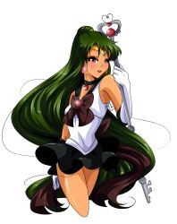 Rule 34 | 10s, 1990s (style), 1girl, 2013, aryiane, bishoujo senshi sailor moon, black neckwear, bow, brown bow, choker, circlet, dark skin, dark-skinned female, dated, earrings, elbow gloves, garnet rod, gloves, green hair, highres, holding, holding staff, jewelry, lipstick, long hair, looking at viewer, makeup, meiou setsuna, miniskirt, parted lips, red eyes, sailor pluto, signature, skirt, solo, staff, transparent background, very long hair, white gloves