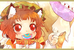 Rule 34 | 2girls, :3, animal ears, bad id, bad pixiv id, blush, brown hair, candy, cat ears, cat girl, cat tail, chen, child, dress, earrings, female focus, food, food in mouth, fox tail, hat, holding hands, im (badmasa), jewelry, letterboxed, lollipop, multiple girls, multiple tails, nekomata, red dress, red eyes, short hair, tail, touhou, white dress, yakumo ran