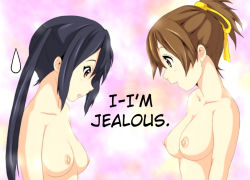 Rule 34 | 00s, 2girls, black hair, breast envy, breasts, brown eyes, brown hair, hard-translated, hirasawa ui, k-on!, long hair, multiple girls, nakano azusa, nipples, nude, open mouth, ponytail, tailap, third-party edit, translated, twintails, upper body