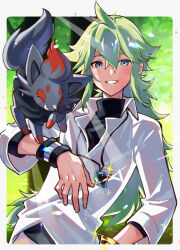 Rule 34 | 1boy, black undershirt, black wristband, blue eyes, border, commentary request, cowlick, creatures (company), game freak, gen 5 pokemon, green hair, hair between eyes, hand on own hip, highres, hii (hii101), jewelry, light rays, long hair, looking at viewer, male focus, n (pokemon), necklace, nintendo, pokemon, pokemon (creature), pokemon bw, pokemon on arm, shirt, smile, sparkle, undershirt, white border, white shirt, wristband, zorua
