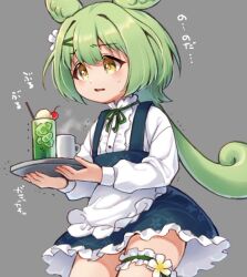 Rule 34 | 1girl, blush, bridal garter, cup, dress, drink, drinking glass, flower, green hair, hair flower, hair ornament, highres, long hair, low ponytail, nervous, parted lips, pucho, solo, sweatdrop, third-party source, tray, trembling, voicevox, waitress, yellow eyes, zundamon