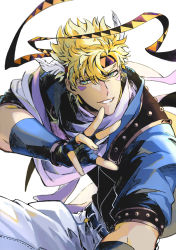 Rule 34 | 1boy, absurdres, bad id, bad pixiv id, battle tendency, blonde hair, blue jacket, caesar anthonio zeppeli, facial mark, feather hair ornament, feathers, fighting stance, fingerless gloves, gloves, green eyes, grin, hair ornament, headband, highres, jacket, jojo no kimyou na bouken, male focus, nigelungdayo, pink scarf, scarf, smile, solo, triangle print