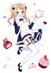Rule 34 | 1girl, bad id, bad pixiv id, blonde hair, blush, bow, bowtie, braid, breasts, cake, cup, dessert, dress, food, frilled dress, frilled thighhighs, frills, fruit, full body, garter straps, hand on own chest, heart, highres, holding, holding tray, knees together feet apart, long hair, looking at viewer, macaron, maid, maid headdress, mamel 27, mary janes, medium breasts, open mouth, original, puffy sleeves, red eyes, shoes, simple background, solo, star (symbol), strawberry, thighhighs, tray, twintails, zettai ryouiki