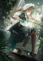 Rule 34 | 1girl, absurdres, alternate costume, amiya (arknights), animal ears, ankle garter, arknights, black dress, black footwear, blue eyes, brown hair, brown pantyhose, commentary request, dress, dutch angle, enmaided, full body, happyongdal, high heels, highres, infection monitor (arknights), jewelry, korean commentary, long hair, looking at viewer, maid, maid headdress, multiple rings, pantyhose, puffy short sleeves, puffy sleeves, rabbit ears, rabbit girl, ring, short sleeves, sitting, solo