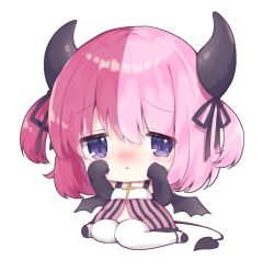 Rule 34 | 1girl, artist request, black footwear, black gloves, blush, chibi, cross, crucifix, demon girl, demon horns, demon tail, demon wings, elbow gloves, gloves, hair between eyes, highres, horn ornament, horn ribbon, horns, indie virtual youtuber, kyuotto, looking at viewer, moeko (moeko0903), multicolored clothes, multicolored hair, pink hair, purple eyes, ribbon, sad, short twintails, solo, tail, tears, thighhighs, twintails, two-tone hair, virtual youtuber, white background, white thighhighs, wings