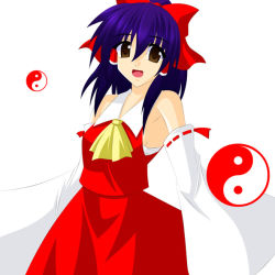 Rule 34 | 1girl, armpits, ascot, blonde hair, bow, brown eyes, detached sleeves, female focus, hair bow, hair tubes, hakurei reimu, japanese clothes, looking at viewer, miko, open mouth, red bow, red ribbon, red skirt, ribbon, ribbon-trimmed sleeves, ribbon trim, sidelocks, simple background, skirt, skirt set, smile, solo, touhou, vest, white background, yin yang