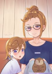 Rule 34 | 1girl, aged down, animal, bird, blush, child, closed mouth, glasses, hair bun, hair pulled back, looking at another, love live!, love live! superstar!!, manmaru (love live!), open mouth, owl, purple eyes, shibuya kanon, shirt, short hair, signature, single hair bun, smile, t-shirt, the-prinprince, time paradox