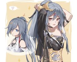 Rule 34 | 2girls, :d, adjusting hair, border, china dress, chinese clothes, closed mouth, dress, dual persona, ffg-571, fu hua, fu hua (azure empyrea), fu hua (herrscher of sentience), hair between eyes, hair ornament, heart, holding, holding own hair, honkai (series), honkai impact 3rd, long hair, looking at viewer, multiple girls, open mouth, ponytail, single sleeve, smile, white border, white dress, yellow background