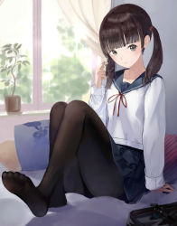 Rule 34 | 1girl, arm support, bad id, bad pixiv id, bag, bag charm, black pantyhose, black skirt, blue sailor collar, blush, brown eyes, brown hair, charm (object), closed mouth, collarbone, commentary request, curtains, feet, fingernails, hair tie, twirling hair, hand up, head tilt, highres, long hair, long sleeves, looking at viewer, neck ribbon, no shoes, original, pantyhose, plant, playing with own hair, pleated skirt, potted plant, red ribbon, revision, ribbon, sailor collar, school bag, school uniform, serafuku, shii (kairi-t-k0317), sitting, skirt, smile, soles, solo, transparent, twintails, window