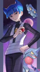 Rule 34 | 1boy, blue eyes, blue hair, blunt bangs, bronzor, closed mouth, commentary request, creatures (company), game freak, gen 4 pokemon, hand on own hip, highres, holding, holding poke ball, janis (hainegom), logo, looking at viewer, male focus, nintendo, poke ball, poke ball (basic), pokemon, pokemon (creature), pokemon dppt, saturn (pokemon), short hair, smile, team galactic, team galactic uniform, toxicroak, twitter username