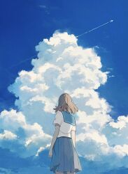 Rule 34 | 1girl, cloud, from behind, highres, original, school uniform, short hair, sky, solo, yuribou