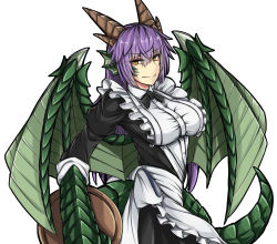 Rule 34 | 1girl, alternate costume, animal hands, black outline, breasts, commentary, dragon (monster girl encyclopedia), dragon girl, dragon tail, dragon wings, enmaided, eyes visible through hair, fins, frills, hair between eyes, head fins, highres, horns, large breasts, long hair, looking at viewer, maid, monster girl, monster girl encyclopedia, outline, purple hair, sanmoto gorouzaemon, scales, simple background, slit pupils, smile, solo, tail, white background, wings, yellow eyes
