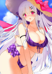 Rule 34 | 1girl, azur lane, bikini, blue sky, blush, bow, breast hold, breasts, cleavage, cloud, cygnet (azur lane), cygnet (sea star on shore) (azur lane), day, front-tie top, full-face blush, gzmon, hair bow, large breasts, leaning forward, long hair, looking at viewer, open mouth, plaid, plaid bikini, purple eyes, silver hair, sky, solo, swimsuit