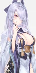 Rule 34 | 1girl, absurdres, azur lane, blush, breast curtains, breasts, center opening, cleavage, coat, coat on shoulders, commentary, cowboy shot, detached sleeves, floral print, grey background, grey hair, hair over one eye, hand on own face, highres, japanese clothes, kimono, large breasts, long hair, looking at viewer, mizuasagi35181, neck tassel, obi, obijime, parted lips, purple eyes, sash, simple background, smile, solo, standing, unzen (azur lane), white coat, white kimono, wide sleeves