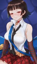 Rule 34 | 1girl, arms at sides, bare shoulders, black necktie, blouse, blush, braid, breasts, choker, collared shirt, cosplay, crown braid, gloves, half-closed eyes, highres, kurosususu, marie (persona 4), marie (persona 4) (cosplay), necktie, niijima makoto, persona, persona 4, persona 4 the golden, persona 5, plaid, plaid skirt, pleated skirt, shirt, skirt, sleeveless, sleeveless shirt, solo, striped clothes, striped gloves, tagme, taut clothes, taut shirt, wavy mouth, white shirt
