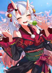 Rule 34 | 1girl, :d, absurdres, bad id, bad pixiv id, bell, black kimono, blue background, blurry, blurry background, closed eyes, collarbone, dango, double bun, eating, falling petals, fangs, flower knot, food, frq4 h, gradient hair, hair bell, hair bun, hair ornament, hands up, happy, highres, holding, holding food, hololive, horns, japanese clothes, kimono, long hair, mask, mask on head, multicolored hair, nakiri ayame, nakiri ayame (1st costume), off shoulder, oni mask, onigiri, open mouth, outdoors, petals, red hair, red mask, red shirt, sash, shirt, short kimono, silver hair, skin-covered horns, smile, streaked hair, virtual youtuber, wagashi, wide sleeves