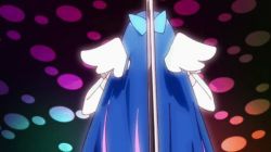 Rule 34 | 10s, 1girl, angel wings, animated, animated gif, blue hair, colored inner hair, from behind, hair ornament, heart, long hair, multicolored hair, non-web source, panty &amp; stocking with garterbelt, pole, solo, stocking (psg), striped clothes, striped thighhighs, thighhighs, very long hair, white wings, wings