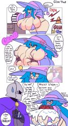 Rule 34 | 1boy, 1girl, angry, back pain, bent over, blue hair, blush, book, breast awe, breasts, cape, comic, curvy, deep skin, english text, eyelashes, gensin, gigantic breasts, glue, grabbing own breast, grin, hat, helmet, highres, light bulb, naughty face, open mouth, original, patchouli knowledge, power glove, presenting, shiny skin, skindentation, smile, speech bubble, sweatdrop, thick thighs, thighhighs, thighs, touhou, white eyes, wide hips, witch hat