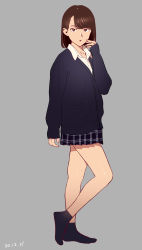 Rule 34 | 1girl, black skirt, black socks, bob cut, bright pupils, brown eyes, brown hair, collared shirt, contrapposto, dated, earrings, from side, full body, grey background, hand on own face, hand up, highres, jewelry, long sleeves, looking at viewer, looking to the side, medium hair, miniskirt, nail polish, necklace, no shoes, original, parted lips, pink nails, pleated skirt, shirt, simple background, skirt, sleeves past wrists, socks, solo, stud earrings, white pupils, white shirt, wing collar, yukiyoshi mamizu